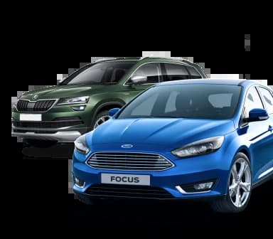 Blue Ford Focus and Green Skoda cars