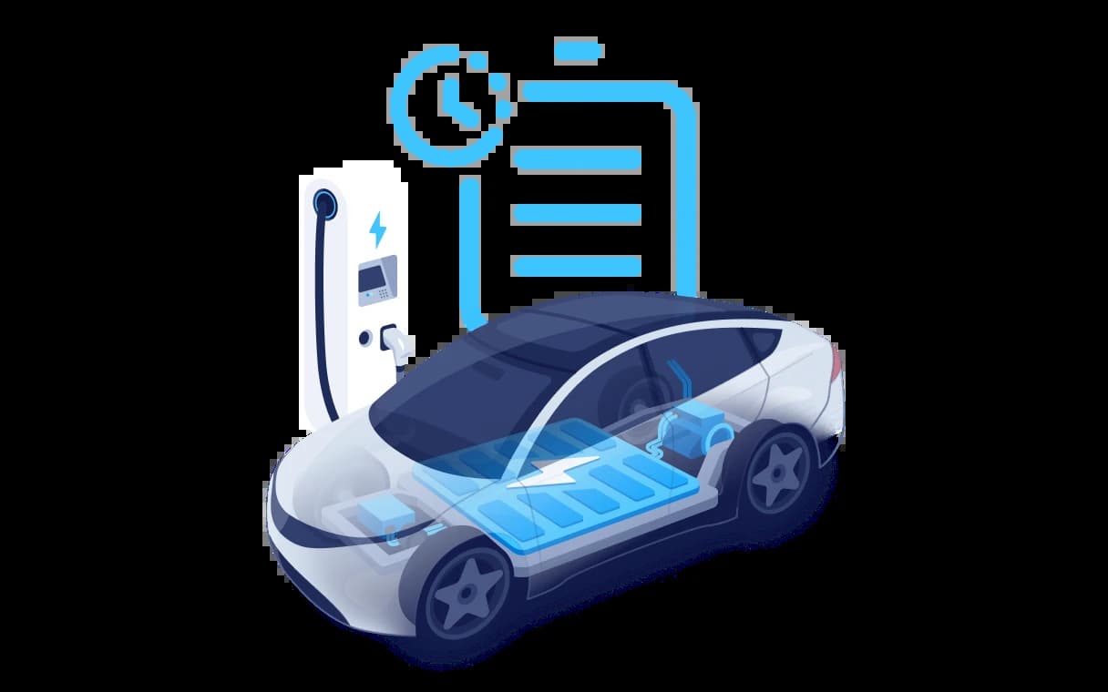 illustrated electric car next to a charging station, alongside a notepad and a clock