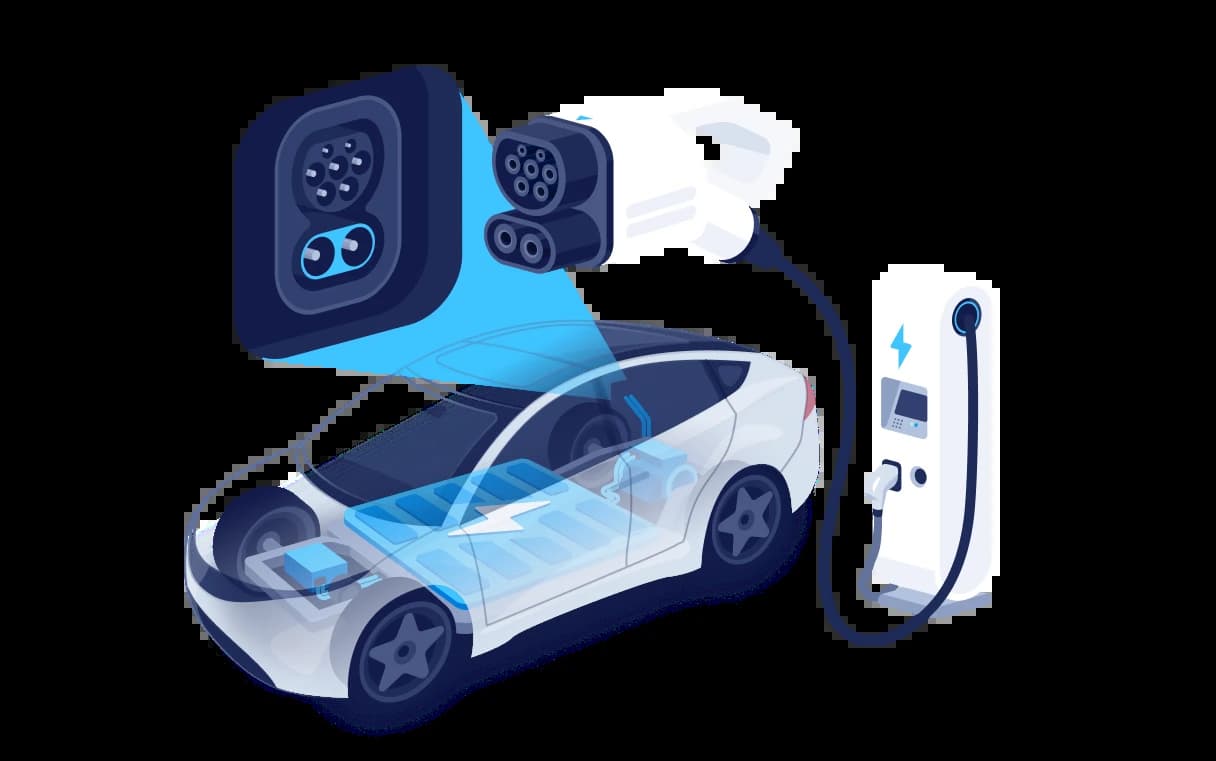 illustrated electric car next to a charging station, with a detailed view of electric charging port and its socket