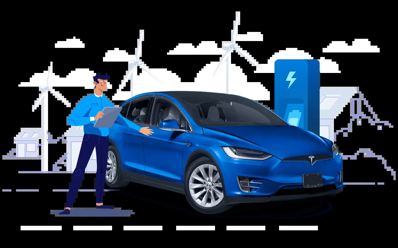 illustration of a man standing next to a Tesla at a charging station, with wind mills in the background